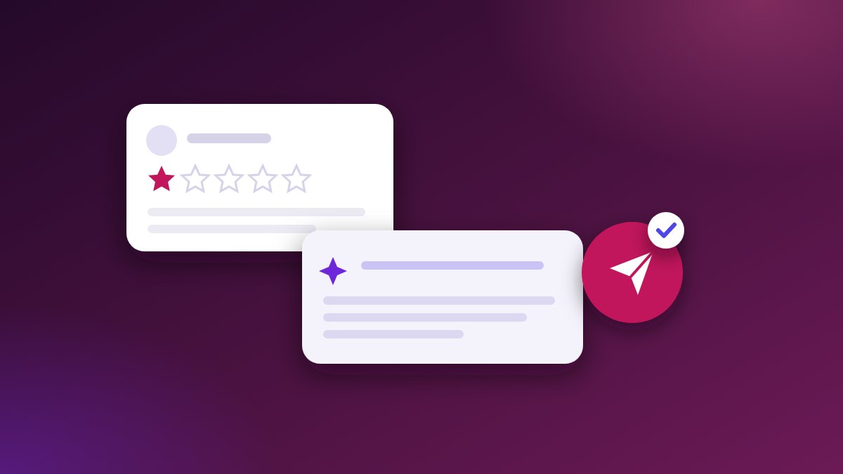 A drawn one-star review card, a reply drafted with an AI spark, and a send button with a tick for the owner who sends it.