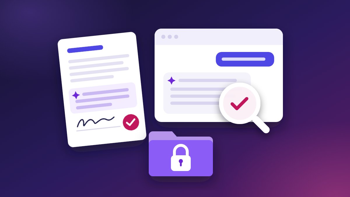 A drawn engagement letter with an AI paragraph marked and signed with a tick, an AI chat window whose draft is checked under a magnifying glass, and a client's folder with a padlock on it.