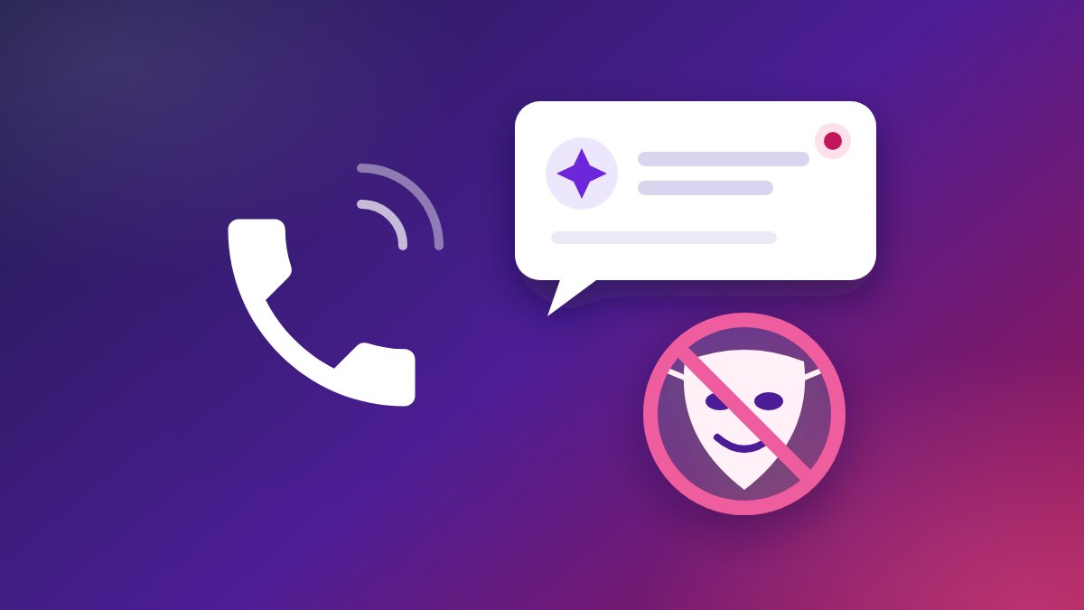 A drawn phone handset ringing, a speech bubble that opens with an AI spark and shows a recording light, and a smiling mask struck through.