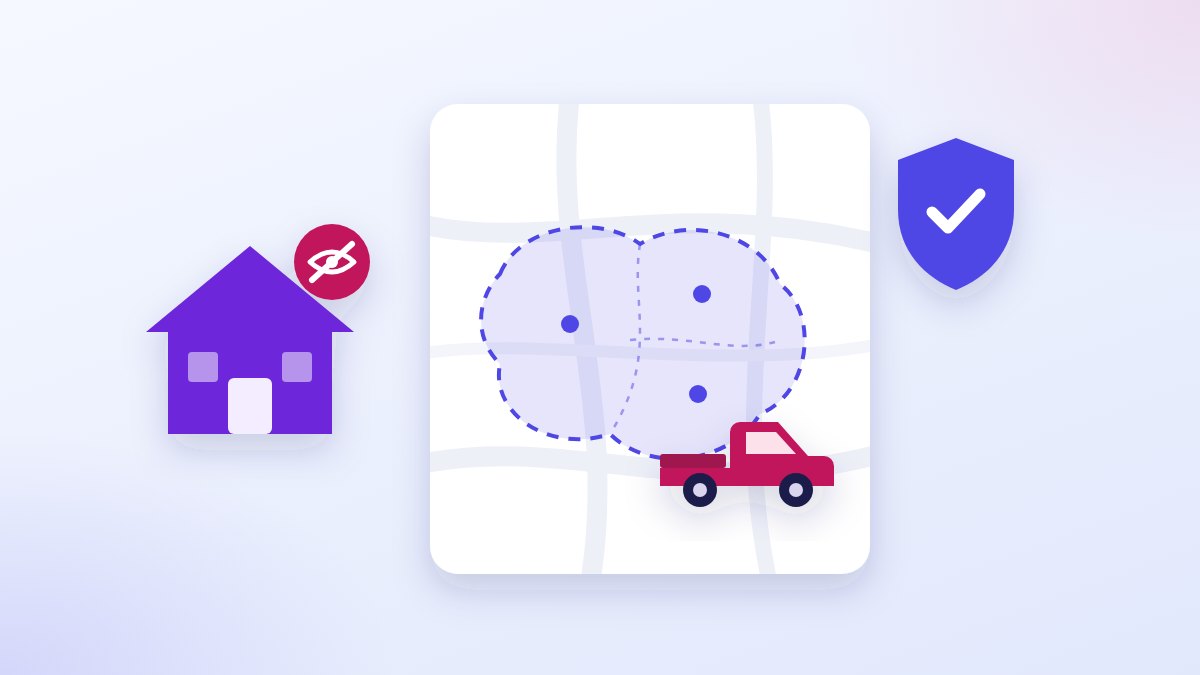 A drawn house with a struck-through eye for its hidden address, a map with three suburbs shaded together as the area served and a ute driving into it, and a shield with a tick.