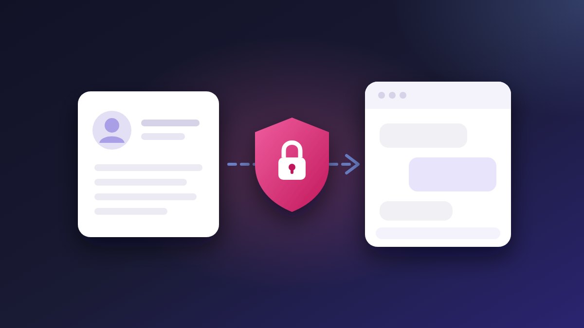 A drawn customer record card on the left and an AI chat window on the right, with a pink shield and padlock between them stopping the record going in.