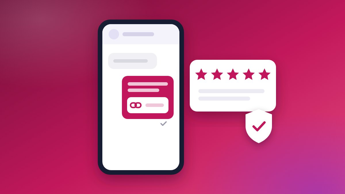 A drawn phone showing a sent message with a link in it, beside a review card of five stars and a shield with a tick.