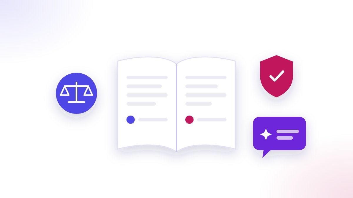 A drawn open rule book between a balance for the law and a shield with a tick, with an AI chat bubble beside them.