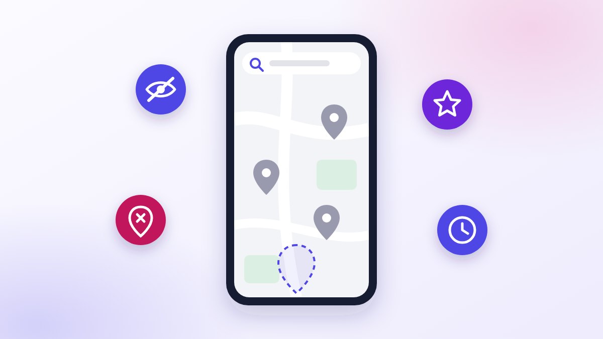A drawn phone showing a map with three businesses pinned and one empty dashed outline where a business should be, ringed by four badges for the four faults.