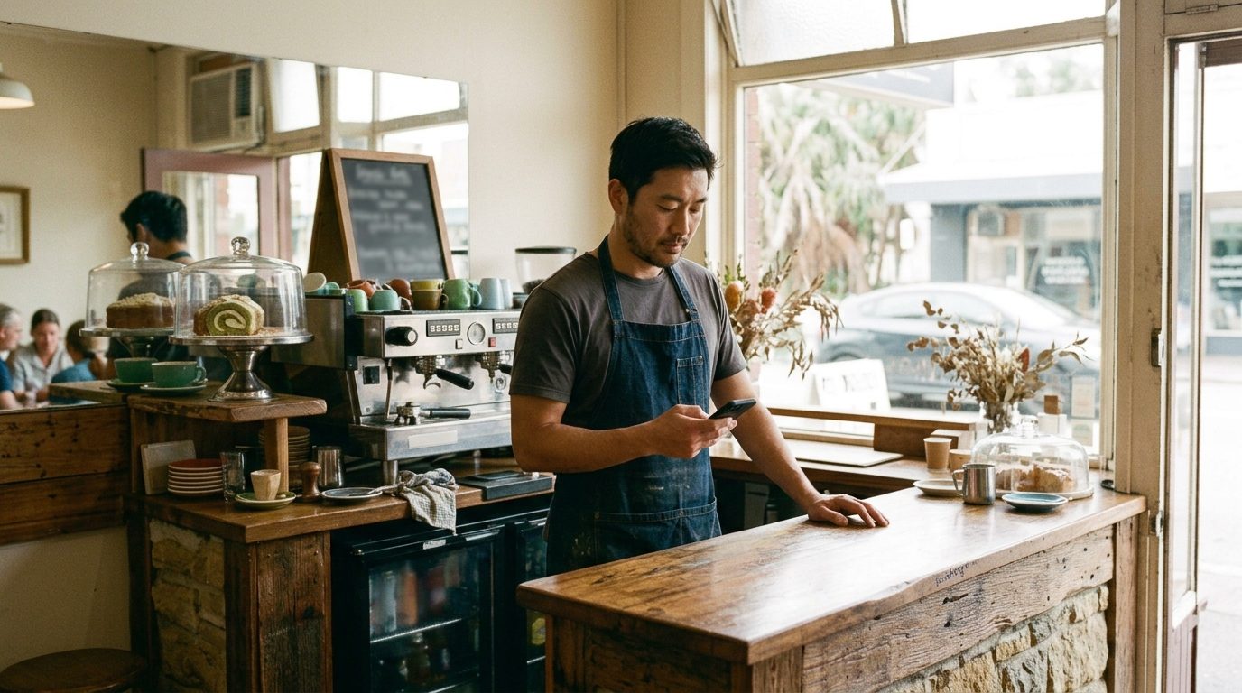 A cafe owner behind the counter checking his phone, espresso machine beside him and cake domes on the shelf