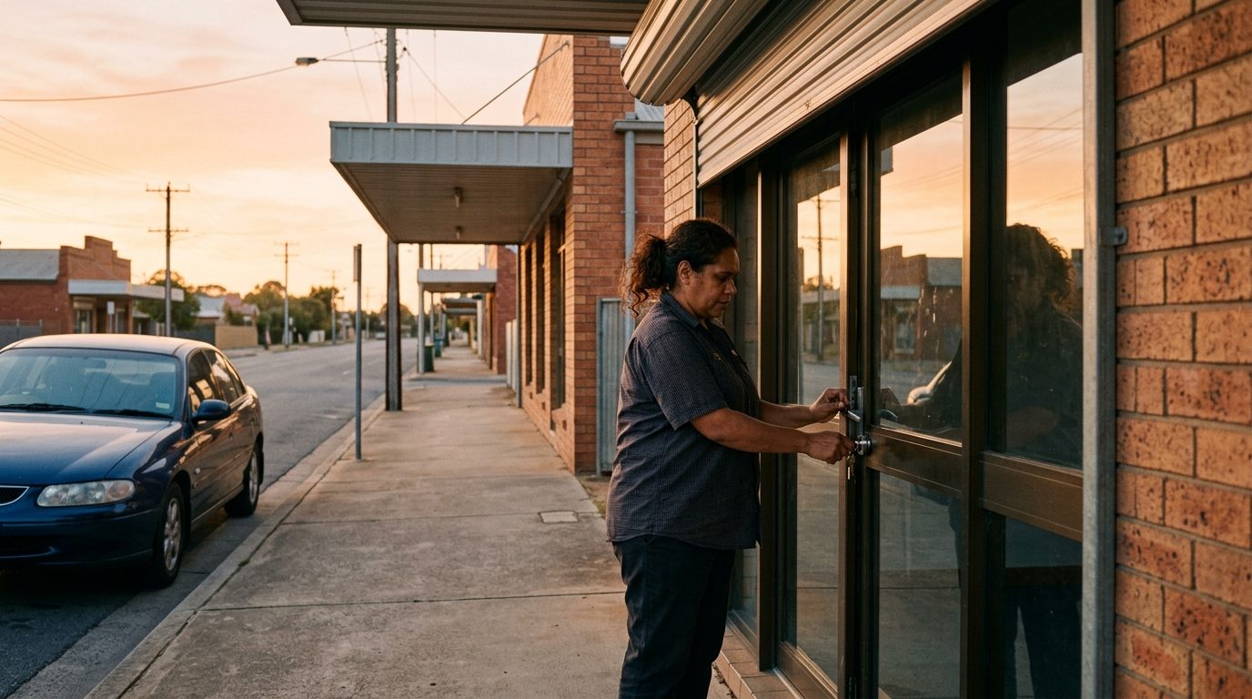 A shop owner unlocking her glass front door at first light, roller shutter half raised