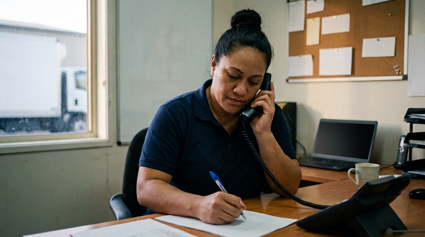 An office manager on the phone at her desk, writing on a run sheet, a pinboard behind her