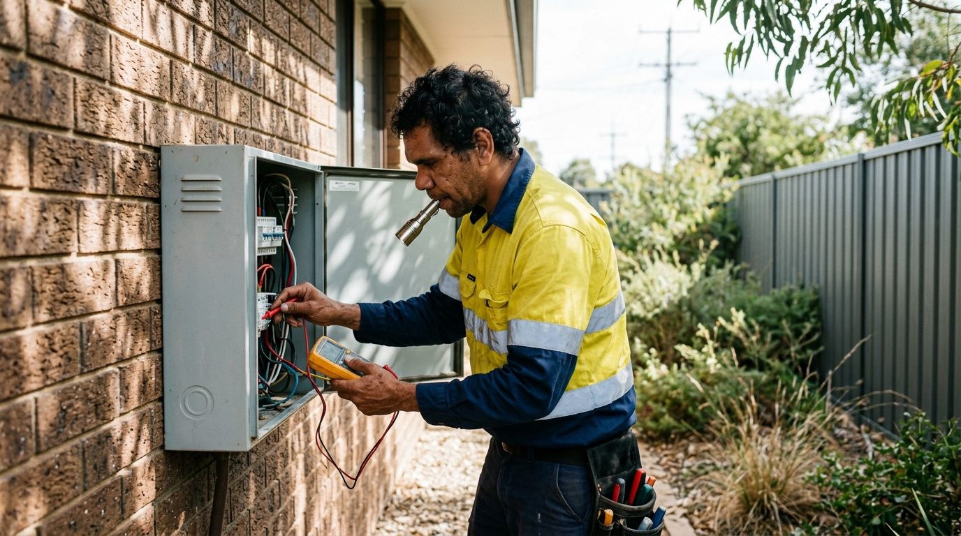 An electrician in hi-vis testing a switchboard with a multimeter at the side of a brick house, torch held in his teeth