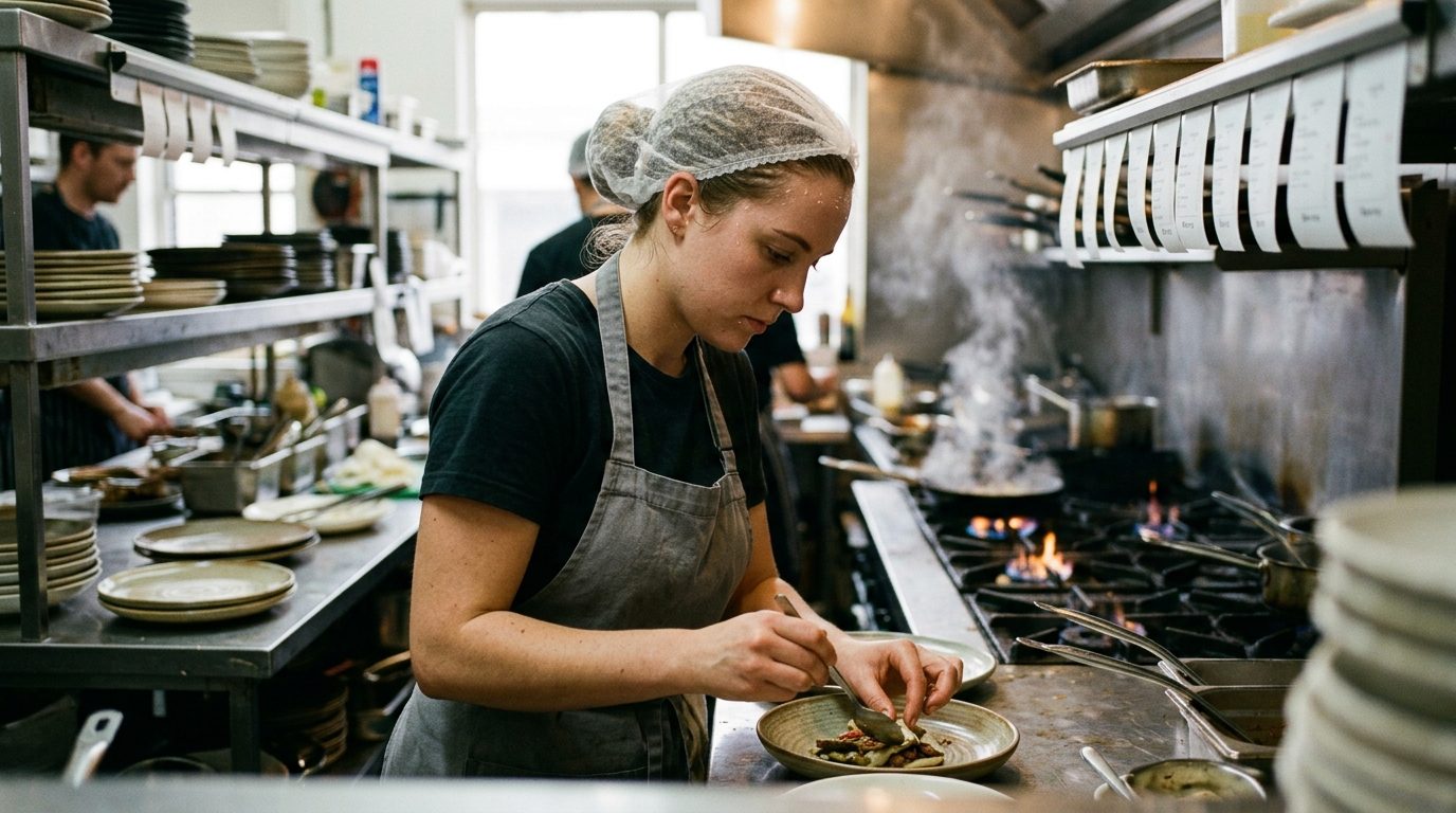 A chef plating a dish mid-service in a commercial kitchen, pans steaming on the stove behind her
