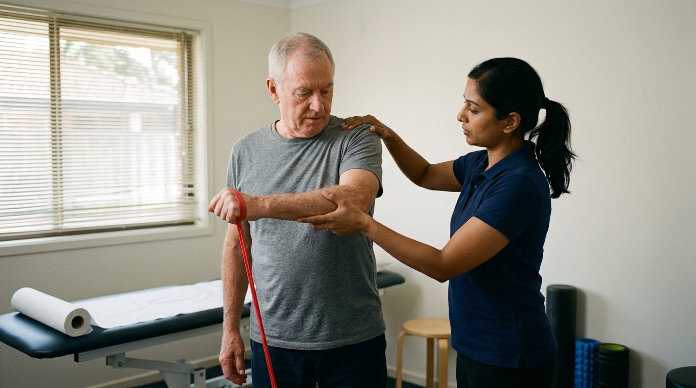 A physiotherapist working through a shoulder exercise with an older patient in a small clinic room