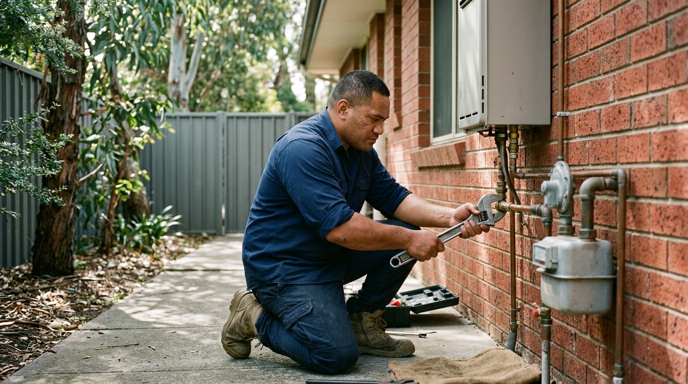 A plumber kneeling beside a brick house, working on the gas meter with a wrench