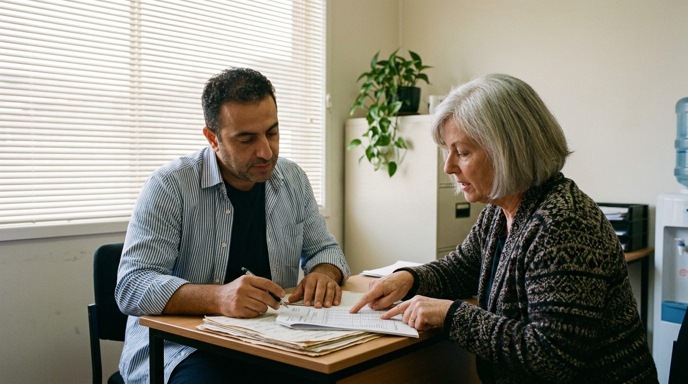 Two people at a small office desk working through a stack of paperwork together, one pointing at a printed spreadsheet