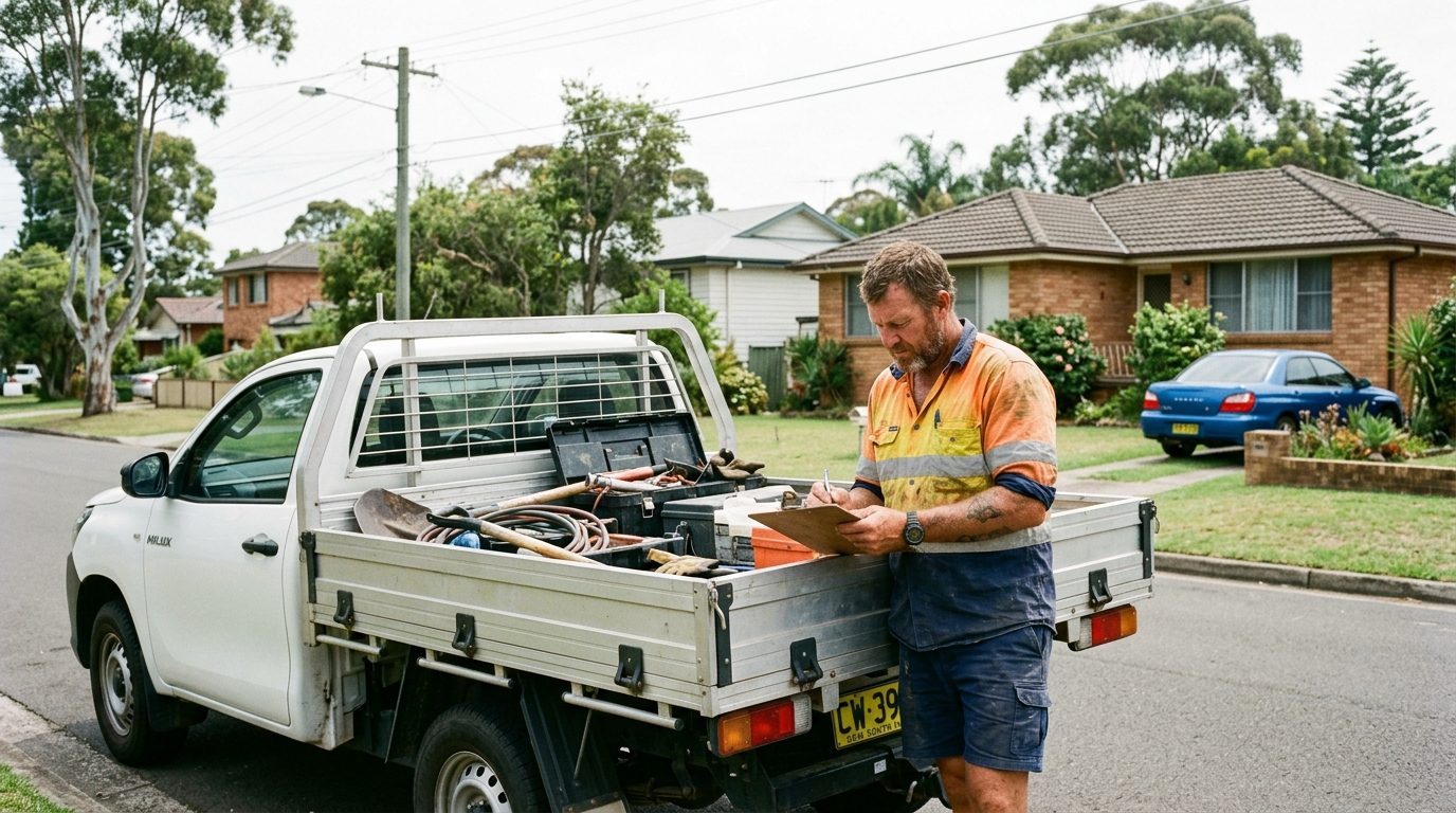 A tradesperson in hi-vis writing on a clipboard at the open tray of a ute on a suburban street