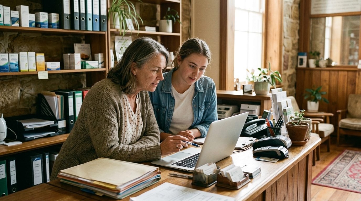 Two women working at a laptop on a shop counter, product shelving behind them